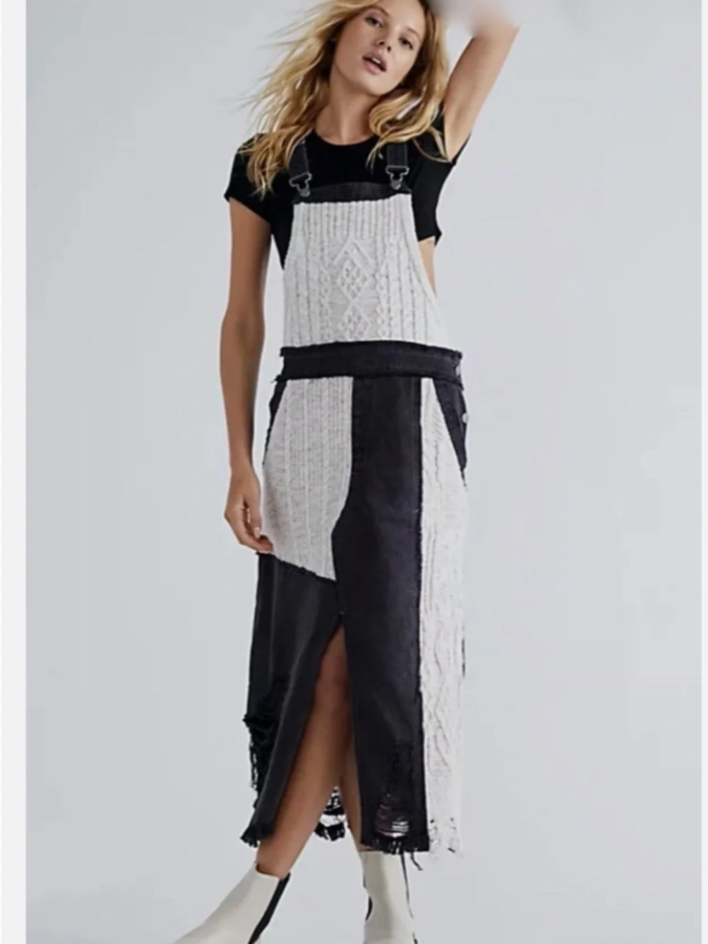 Free People Two-Tone Knit & Denim Overalls